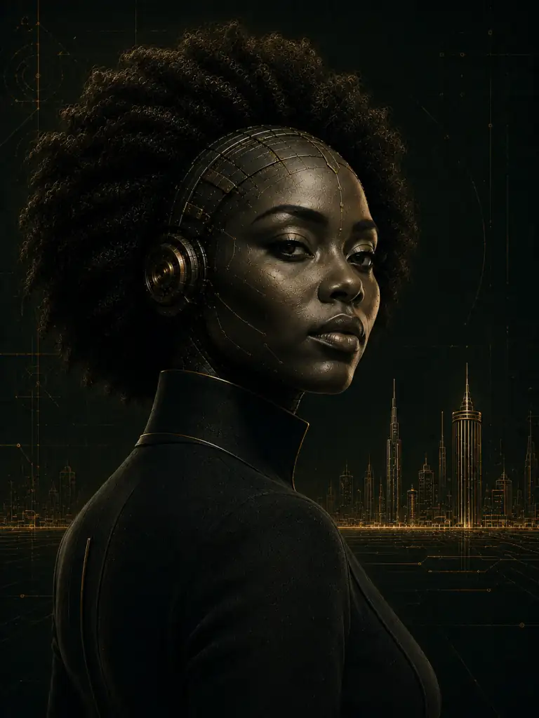 Msimu in three-quarter profile against a gold line drawing of the Nairobi skyline