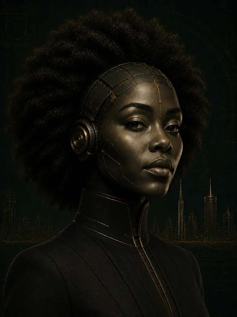 Msimu, head and shoulders, high collar, gold circuit tracery across her temple